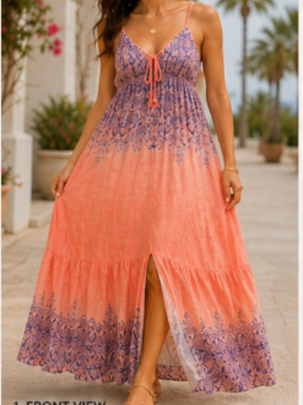 VENUS Coral Boho Maxi Dress | Open Back | Flowy Resort Dress | Size 12